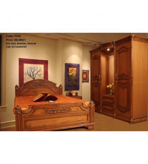Wooden Bedroom Set P556 (Bed, Side Table, Almira)