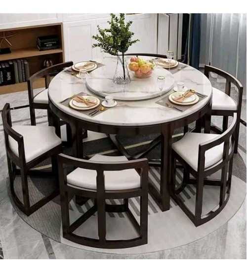 Marble Top Wooden Round Dining Table, Round Dining Room Table With 6 Chairs