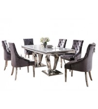 Dining Table Stainless Steel & Marble Top DT665 (6 Chairs + 1 Table)